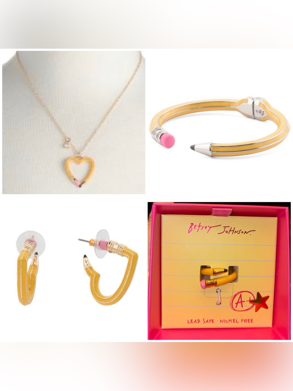 BETSEY JOHNSON SET School Yellow Pencil Bracelet Earrings Necklace & Ring NWT
